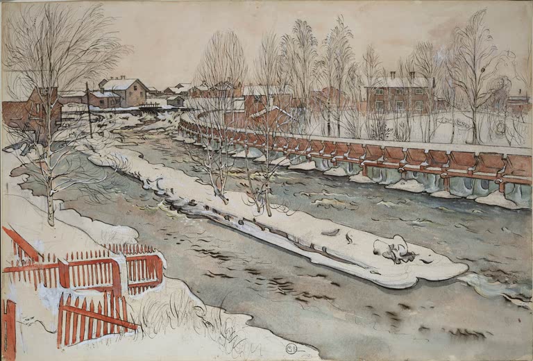 Verschneiter Fluss mit Holzrutsche und roten Zaunlatten – Carl Larsson Die Holzrutsche Winterszene Kunstkopie