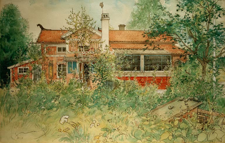 Rotes Holzhaus mit Schornstein zwischen Büschen, Bäumen und Wiese – Carl Larsson Die Hütte Kunstkopie