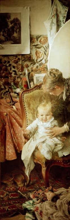Mutter mit Baby im Sessel in einem Atelier mit Fellen und Bildern – Carl Larsson Die kleine Suzanne Kunstkopie