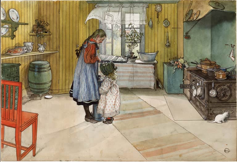 Zwei Mädchen schlagen Butter in einer Küche mit Holzwand, Herd und weißer Katze – Carl Larsson Die Küche Kunstkopie