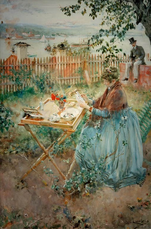 Carl Larsson Die Porzellanmalerin Kunstkopie, Frau in blauem Kleid bemalt Porzellan an Klapptisch im Garten