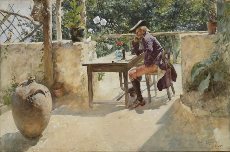 Rokoko-gekleideter Mann sitzt am Tisch auf sonniger Terrasse neben großem Tonkrug – Carl Larsson Die Rebe Kunstkopie