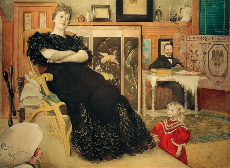 Frau in Schwarz im Sessel, hinten ein Mann am Schreibtisch – Carl Larsson Die Sängerin Anna Pettersson-Norrie Kunstkopie