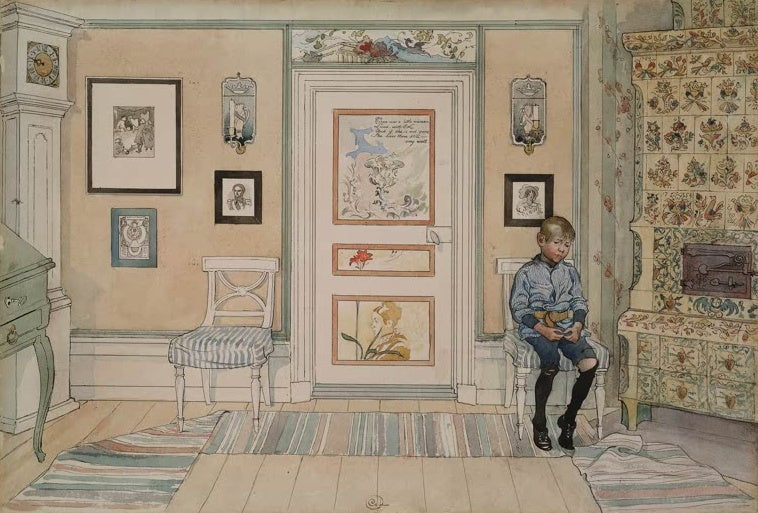 Carl Larsson Die Strafecke Kunstkopie, Junge sitzt schmollend neben bemaltem Kachelofen im Wohnzimmer
