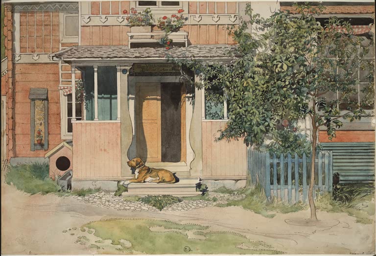 Holzhaus mit Veranda, ein Hund liegt auf der Treppe vor einem jungen Baum – Carl Larsson Die Veranda Kunstkopie