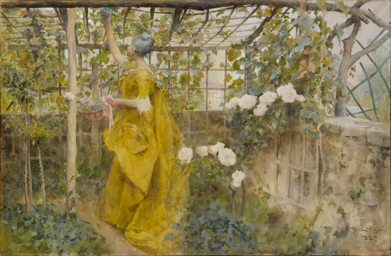 Frau in gelbem Kleid pflückt Trauben unter einer Weinlaube mit weißen Rosen – Carl Larsson Die Weinlaube Kunstkopie