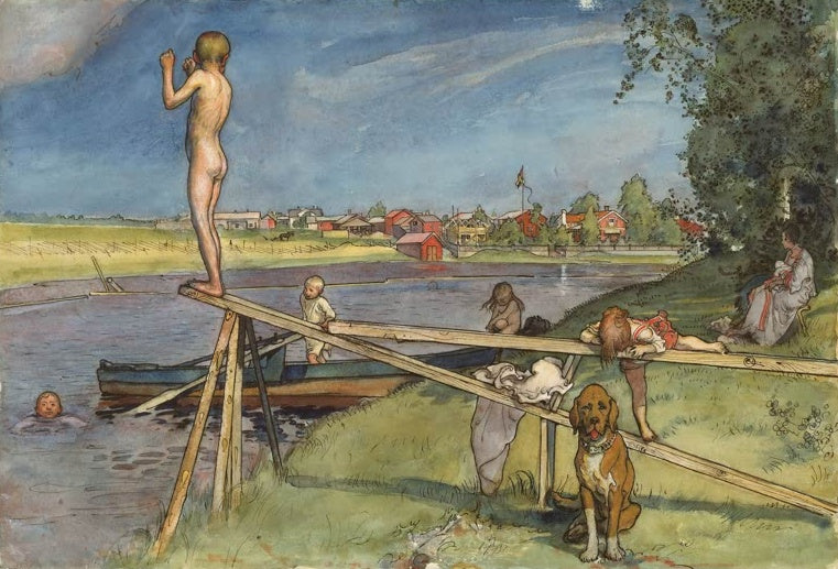 Carl Larsson Eine schöne Badestelle Kunstkopie, Familie beim Baden am Fluss mit Ruderboot und Hund