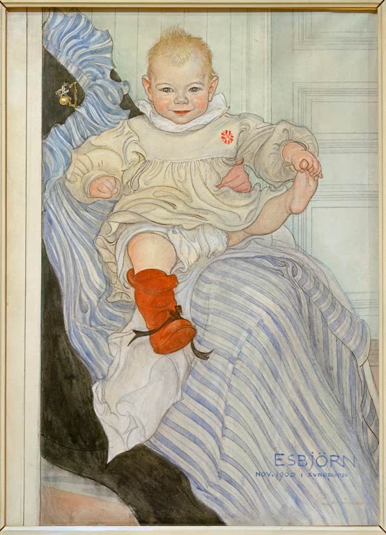 Lachendes Kleinkind in weißem Kleid auf gestreiftem Stoff, Schriftzug Esbjörn – Carl Larsson Esbjörn Kunstkopie