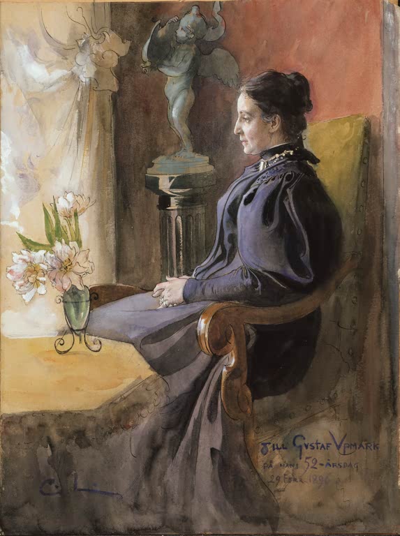 Sitzende Frau im Profil in dunklem Kleid neben Tulpen in einer Vase – Carl Larsson Eva Upmark Kunstkopie