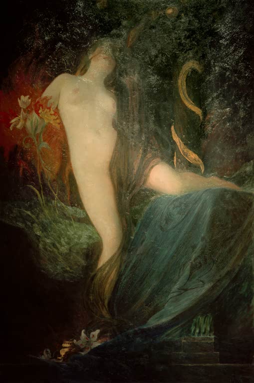 Liegender weiblicher Akt mit langem Haar vor dunklem Grund mit Lilien – Carl Larsson Evas Tochter Kunstkopie