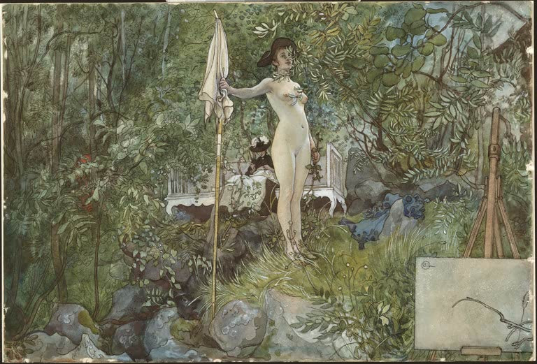 Weiblicher Akt mit Fahne im dichten Grün vor einer Staffelei – Carl Larsson Freiluftatelier Kunstkopie