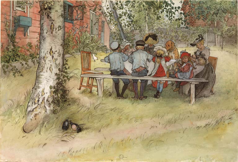 Familie frühstückt am langen Gartentisch unter Birke – Carl Larsson Frühstück unter der großen Birke Kunstkopie