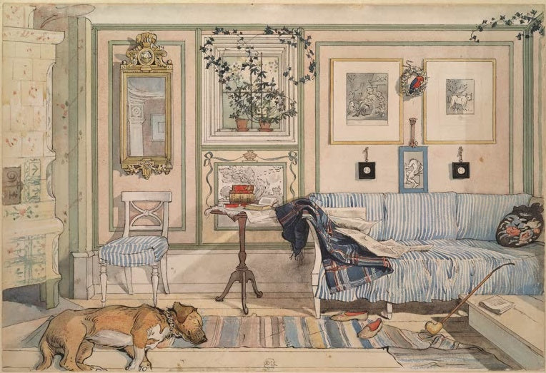 Carl Larsson Gemütliche Ecke Kunstkopie, Wohnzimmerecke mit Sofa, Kachelofen und schlafendem Hund