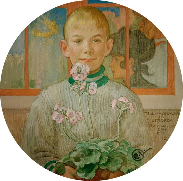 Rundbild eines blonden Jungen mit rosa Primeln vor Fenster – Carl Larsson Gratulation der Großmutter Kunstkopie