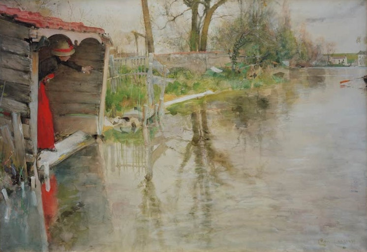 Frau im Bootshaus am Flussufer, Bäume spiegeln sich im Wasser – Carl Larsson Grezsur-Loing Kunstkopie