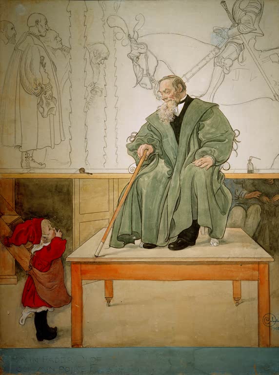 Alter Mann im grünen Gewand sitzt auf dem Tisch, davor ein Kleinkind in Rot – Carl Larsson Großvater und Esbjörn Kunstkopie