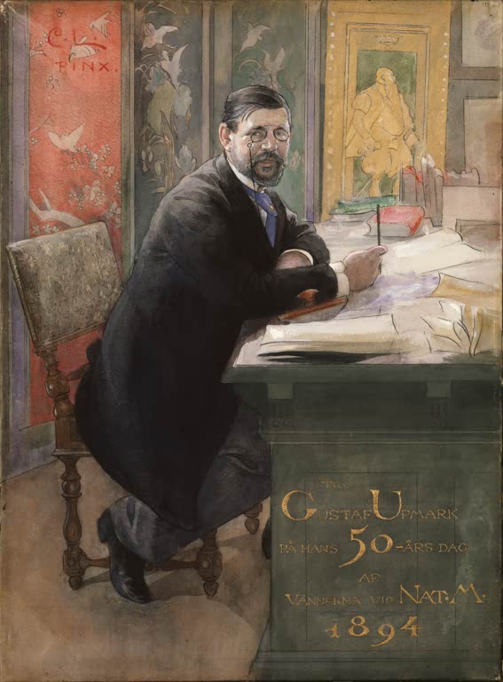 Mann mit Zwicker am Schreibtisch vor ostasiatischer Tapete – Carl Larsson Gustaf Upmark d.Ä. Kunstkopie als Bildnis