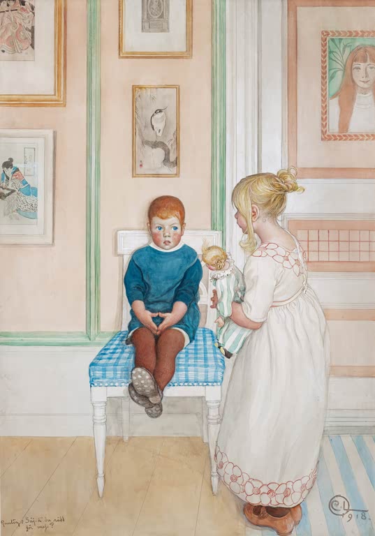 Junge auf blau kariertem Hocker, Mädchen mit Puppe daneben – Carl Larsson Hast du Angst vor mir Kunstkopie
