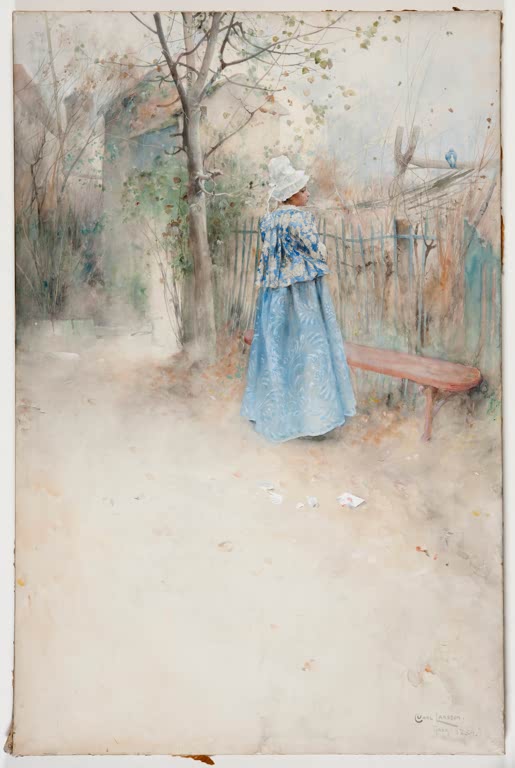 Frau in blauem Kleid und weißer Haube im herbstlichen Garten an einer Holzbank – Carl Larsson Herbst Kunstkopie