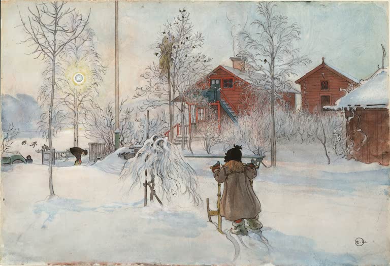 Verschneiter Hof mit roten Holzhäusern, ein Kind mit Schlitten im Vordergrund – Carl Larsson Hof und Waschhaus Kunstkopie
