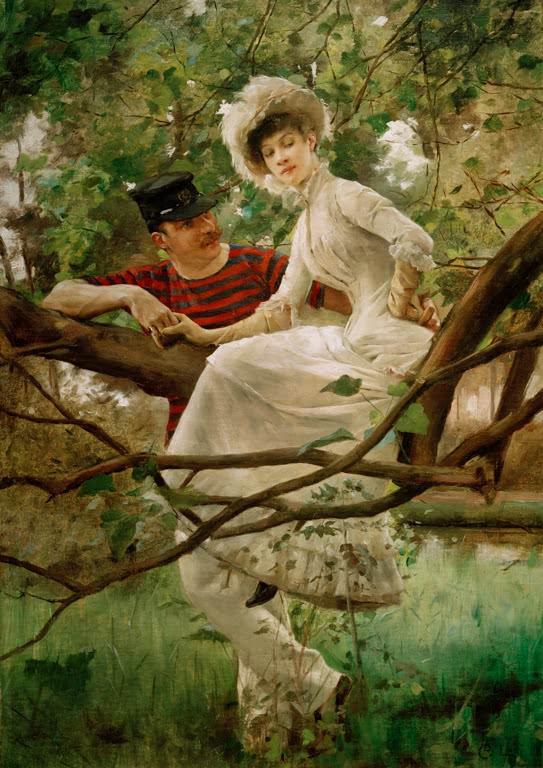 Mädchen im weißen Kleid und Mann im Ringelshirt auf einem Ast – Carl Larsson Idyll Kunstkopie