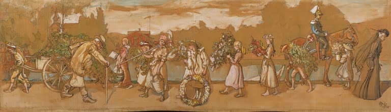 Gemalter Festzug mit Kindern, Blumengirlanden und Pferd – Carl Larsson Im Freien weht der Sommerwind Kunstkopie