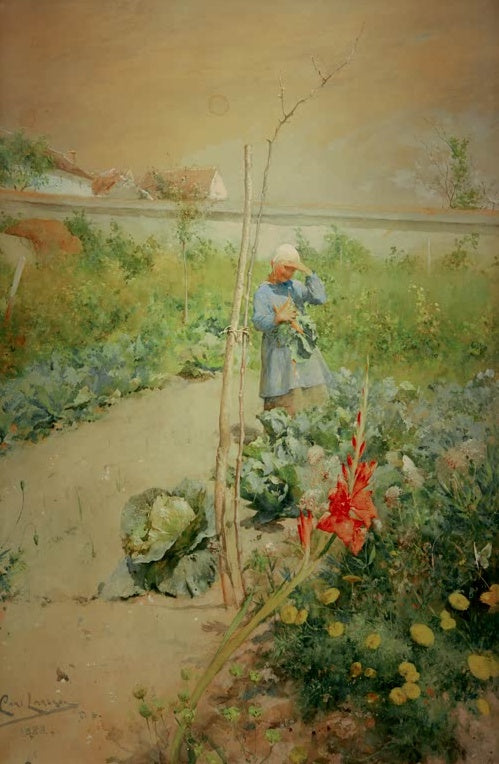 Carl Larsson Im Küchengarten Kunstkopie, Frau mit Kopftuch zwischen Gemüsebeeten und roten Gladiolen
