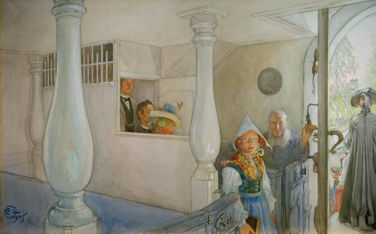 Carl Larsson In Sundborns Kirche Kunstkopie, Mädchen in Tracht auf Kirchentreppe nach dem Gottesdienst
