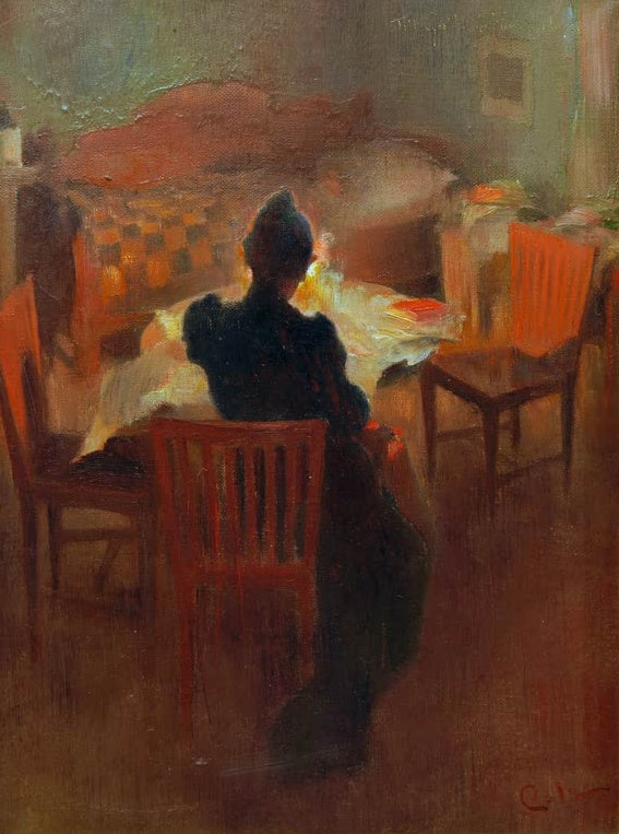Carl Larsson Interieur aus Dalarna im Lampenlicht Kunstkopie, Frau von hinten am Tisch im warmen Lampenschein