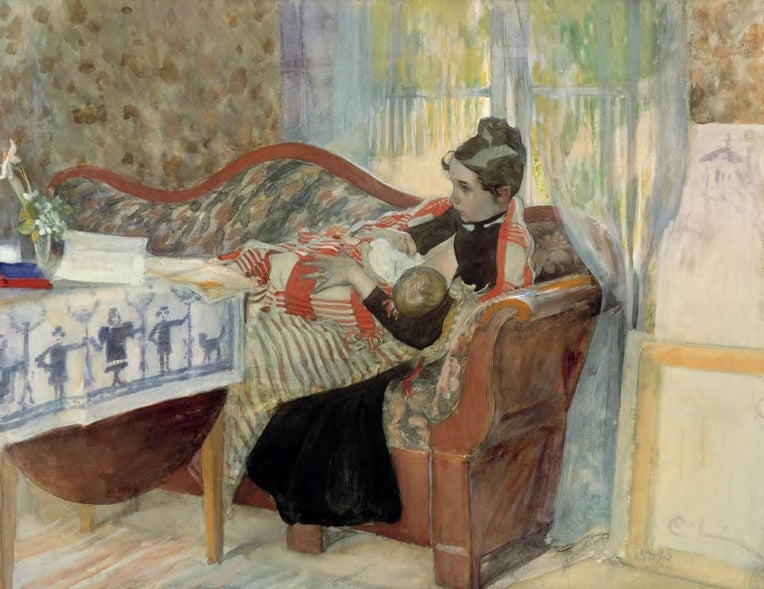 Carl Larsson Karin und Brita Kunstkopie, Mutter mit Kleinkind auf gemustertem Sofa in hellem Interieur