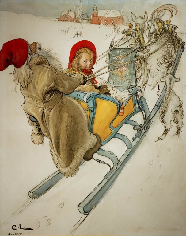 Mädchen im Ziegenschlitten mit Weihnachtsmann im Schnee – Carl Larsson Kerstis Schlittenfahrt Kunstkopie