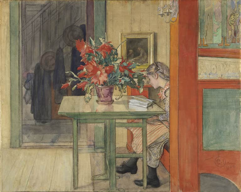 Mädchen liest am grünen Tisch mit rotblühender Pflanze im Zimmer – Carl Larsson Lesen Kunstkopie