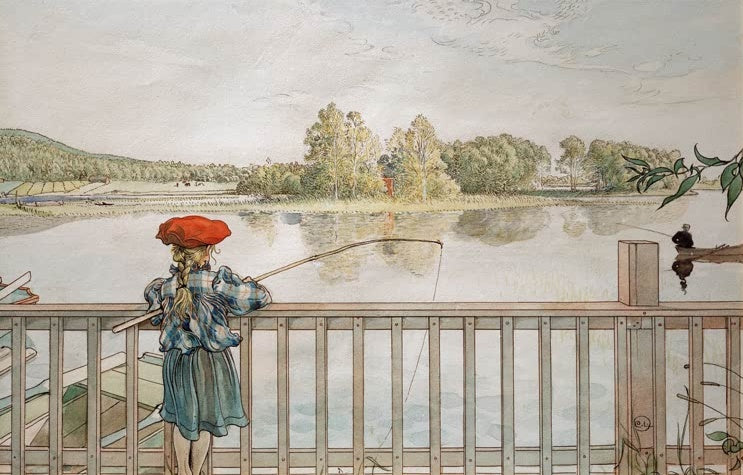 Mädchen mit roter Mütze angelt vom Steg über einem ruhigen See – Carl Larsson Lisbeth angelt Kunstkopie