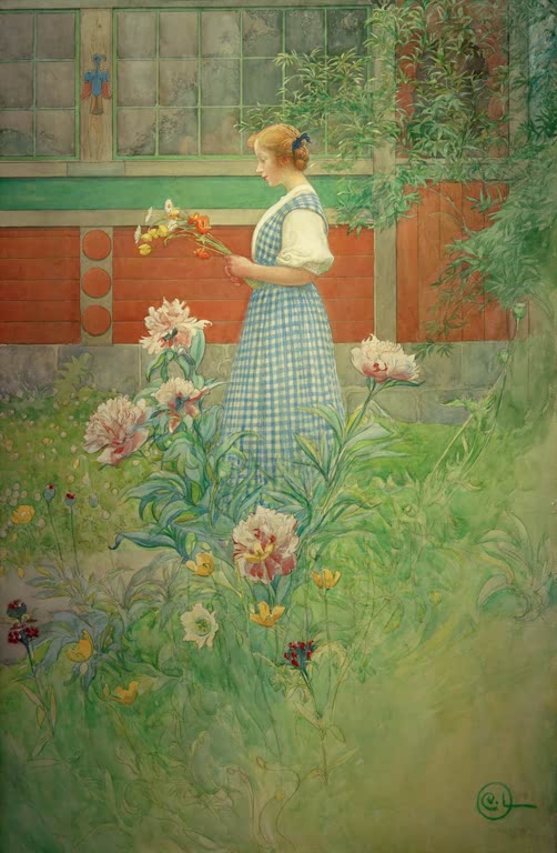 Junge Frau im karierten Kleid zwischen Pfingstrosen – Carl Larsson Lisbeth mit Pfingstrosen Kunstkopie