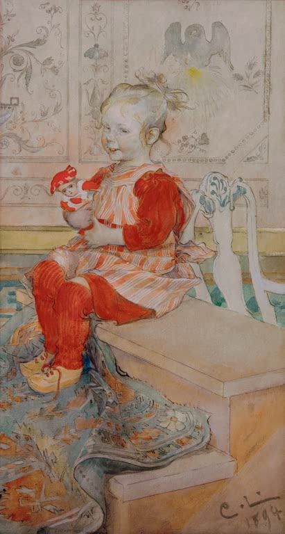Kleines Mädchen in Rot mit Puppe sitzt auf einer Stufe – Carl Larsson Lisbeth Kunstkopie