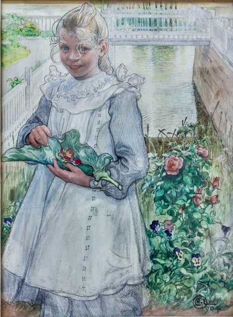Mädchen im hellen Kleid hält Erdbeerpflanzen im Garten am Kanal – Carl Larsson Mädchen mit Erdbeeren Kunstkopie