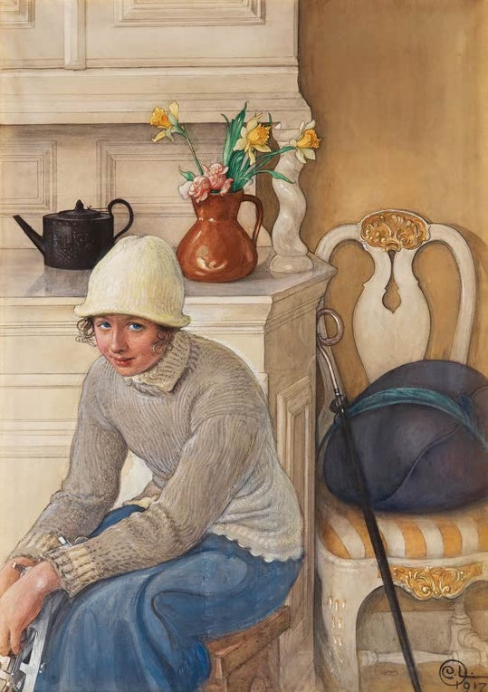 Carl Larsson Mädchen mit Schlittschuhen Kunstkopie, junge Frau mit heller Strickmütze auf einem Hocker