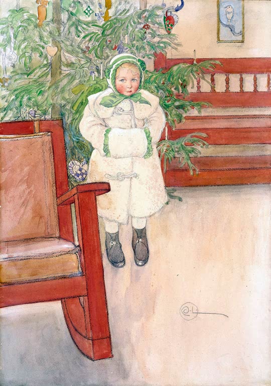 Mädchen in weißem Mantel mit grüner Haube vor Christbaum und rotem Stuhl – Carl Larsson Mädchen und Schaukelstuhl Kunstkopie