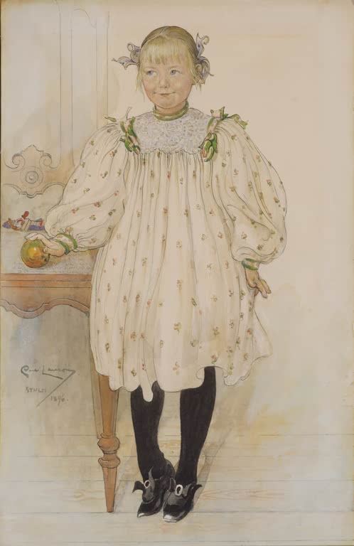 Mädchen im geblümten weißen Kleid mit Haarschleifen – Carl Larsson Martha Winslow als Mädchen Kunstkopie