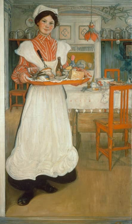 Carl Larsson Martina Kunstkopie, Dienstmagd mit weißer Schürze trägt Tablett vor gedecktem Tisch