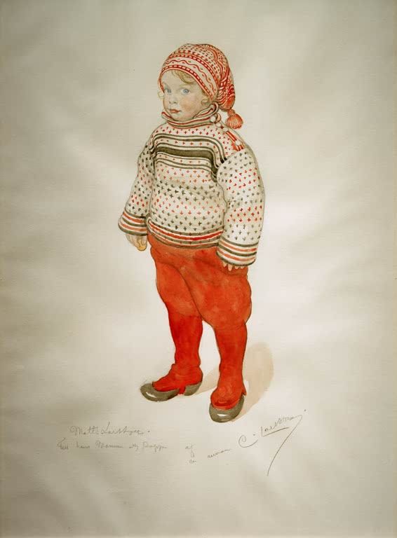 Kleiner Junge in gemusterter Strickjacke, Mütze und roter Hose – Carl Larsson Matts Larsson Kunstkopie