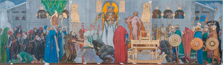 Festgesellschaft in bunten Gewändern vor einem Holzbau, Opferszene im Winter – Carl Larsson Midvinterblot Kunstkopie