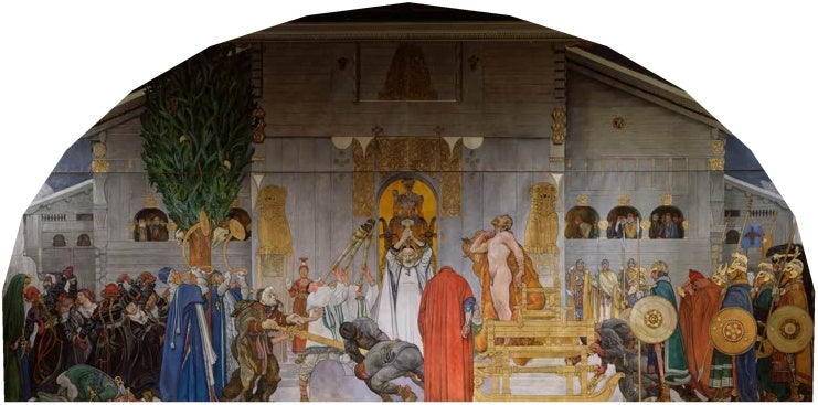 Opferszene vor einer Holzhalle mit Menschenmenge und rotem Mantel – Carl Larsson Midvinterblot Kunstkopie