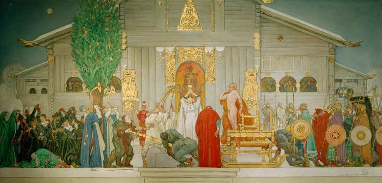Menschenmenge vor goldener Holzhalle beim Opferfest – Carl Larsson Mittwinteropfer, Vierte Skizze Kunstkopie