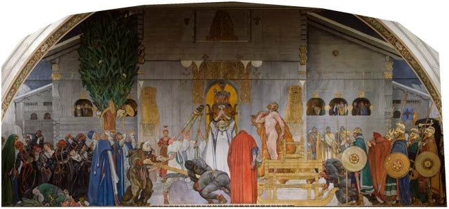 Fresko mit Menschenmenge vor einem Tempel, in der Mitte der König – Carl Larsson Mittwinteropfer Kunstkopie