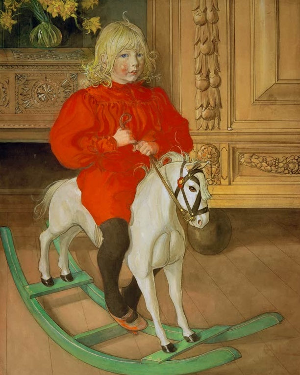 Carl Larsson Murre Porträt Casimir Laurin Kunstkopie, Junge im roten Kittel auf grünem Schaukelpferd