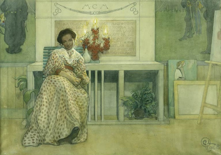 Carl Larsson Nach dem Ball Kunstkopie, junge Frau im getupften Kleid sitzt am Kaminsims mit Kerzen und Blumen