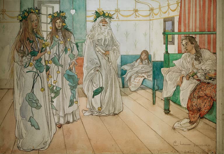 Zwei Mädchen und ein Wassermann in weißen Gewändern – Carl Larsson Namenstag-Gratulation Kunstkopie