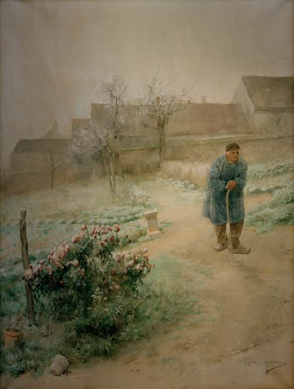 Alter Mann mit Stock in nebligem Garten neben blühendem Rosenstrauch – Carl Larsson November Kunstkopie