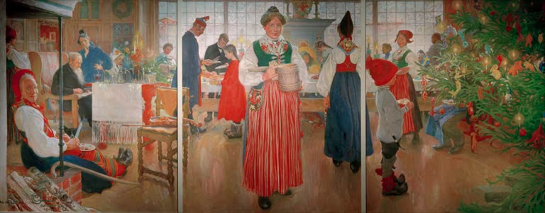 Familie in Tracht feiert Weihnachten in der Stube mit Christbaum – Carl Larsson Nun ist es wieder Weihnachten Kunstkopie